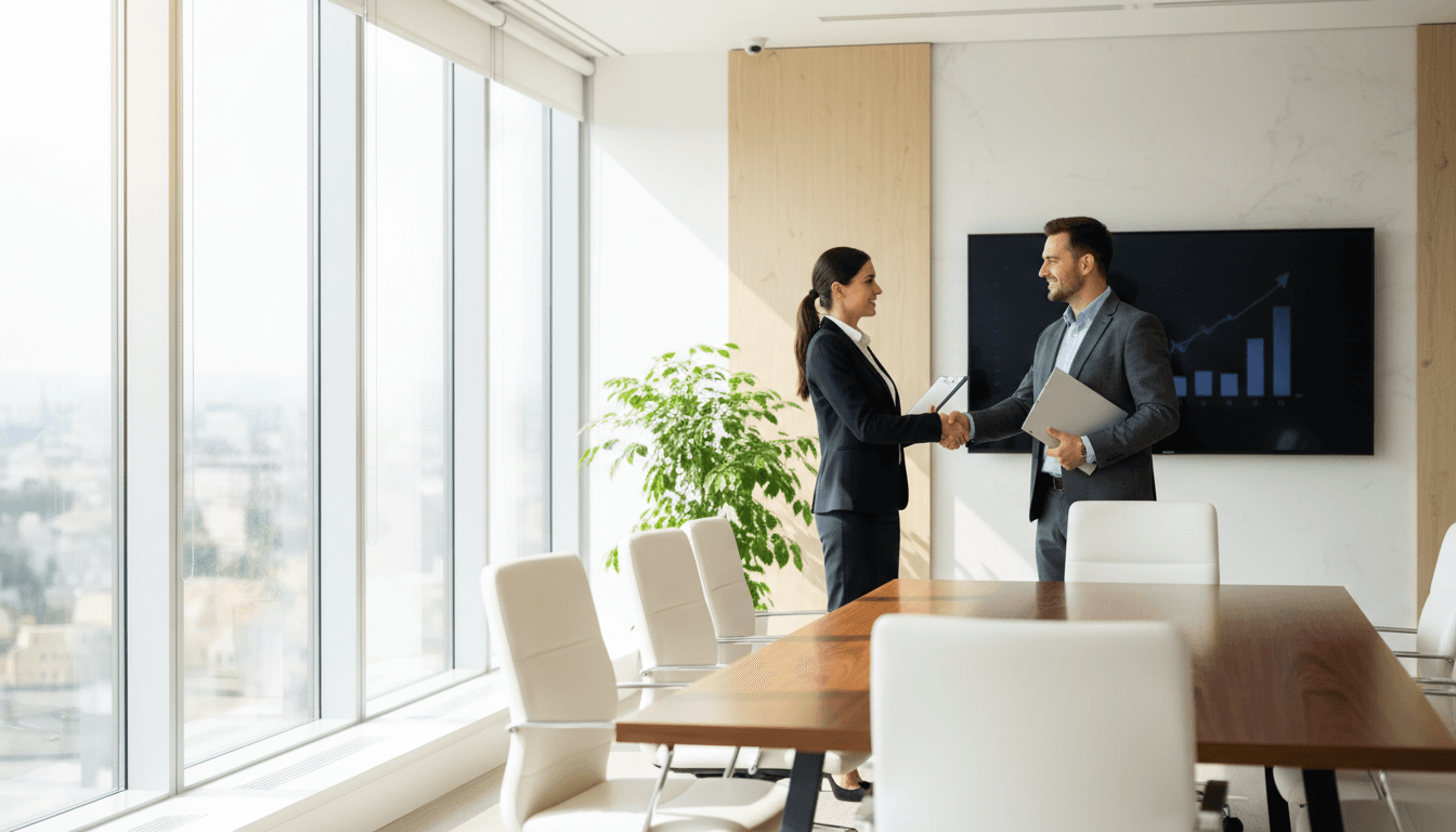 Professionelle Geschäftspartner in einem modernen Büro mit Naturlicht