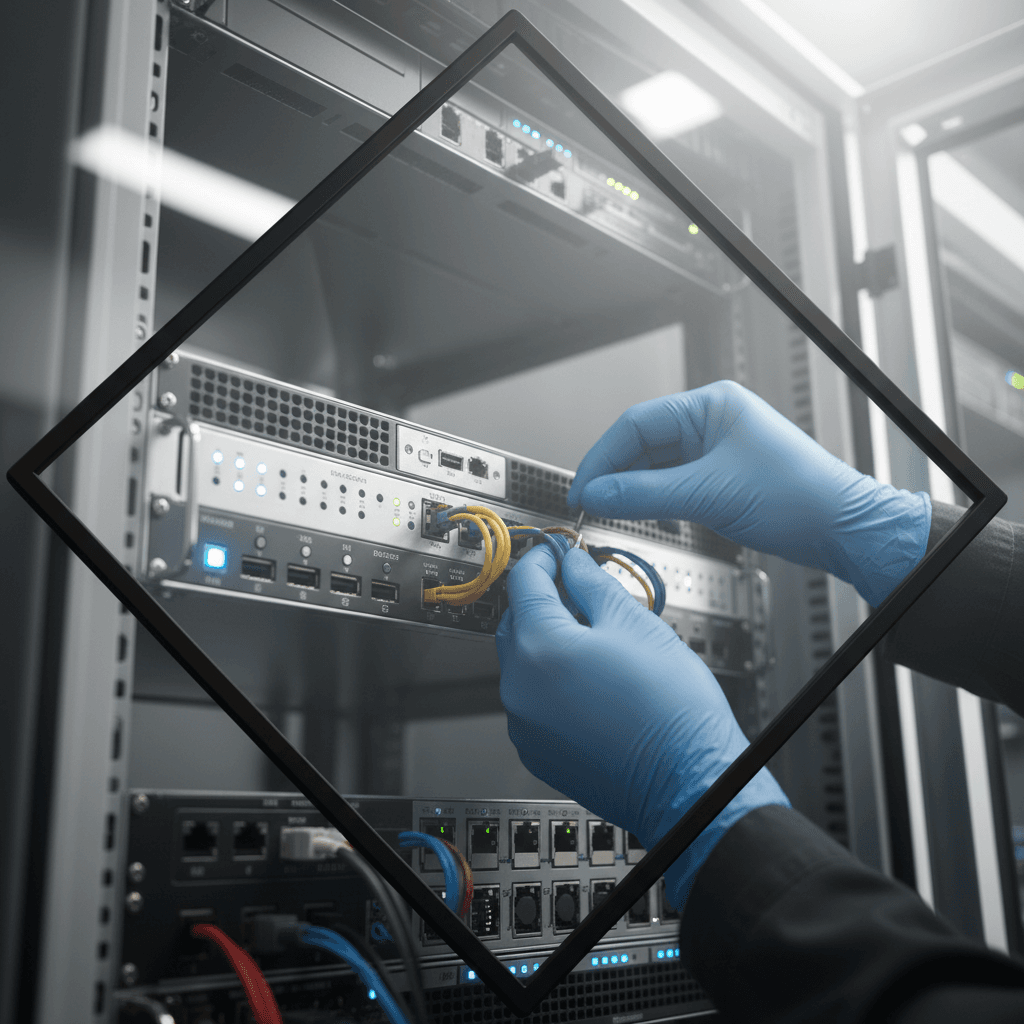 Close-up of technician hands configuring gaming server hardware with LED indicator lights visible