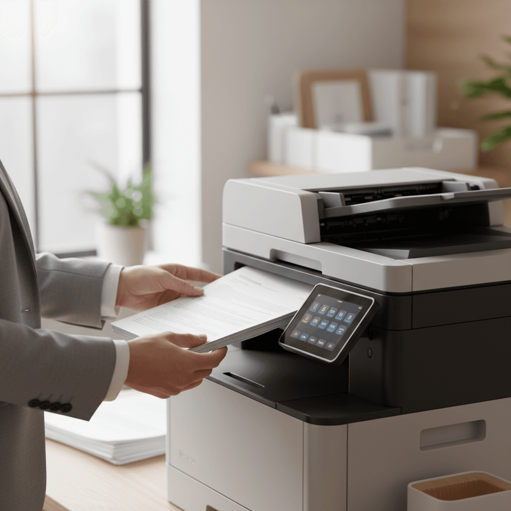 Professional hands loading documents into a high-speed multifunction printer with natural light illuminating the modern office equipment.