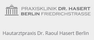 Logo der Praxisklinik Dr. Hasert Berlin Friedrichstraße mit Brandenburger Tor Icon und Schriftzug Hautarztpraxis.