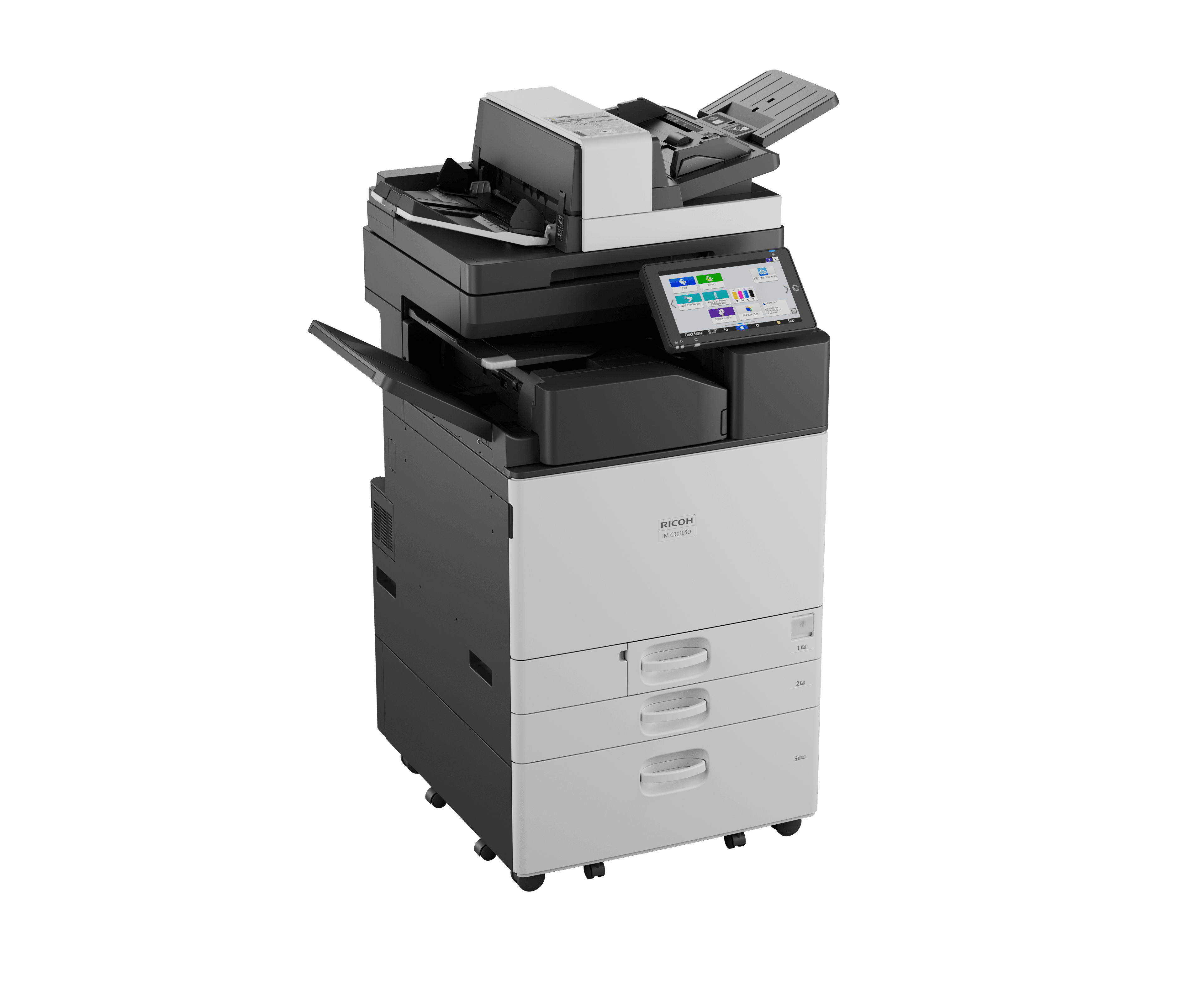 Professioneller Ricoh Multifunktionsdrucker in Schwarz-Weiß mit großem Touchscreen-Display und mehreren Papierkassetten.