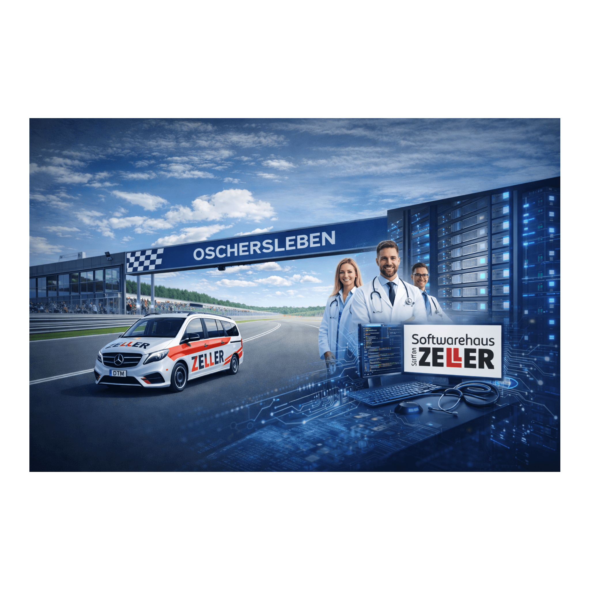 Zeller-Van auf Rennstrecke Oschersleben neben Ärzten, Servern und dem Logo von Softwarehaus Zeller.
